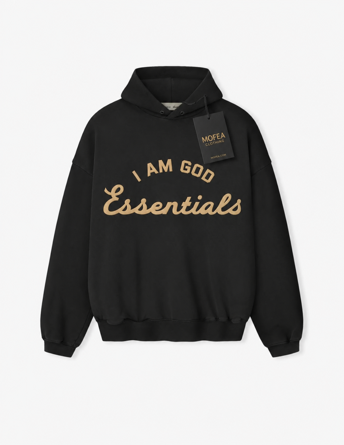 Black I Am God Essentials heavyweight hoodie with gold lettering