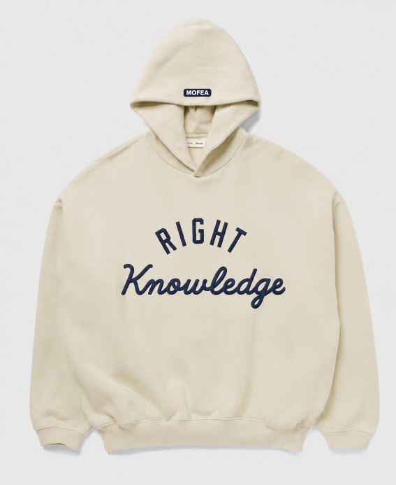 Cream Right Knowledge hoodie with midnight navy lettering