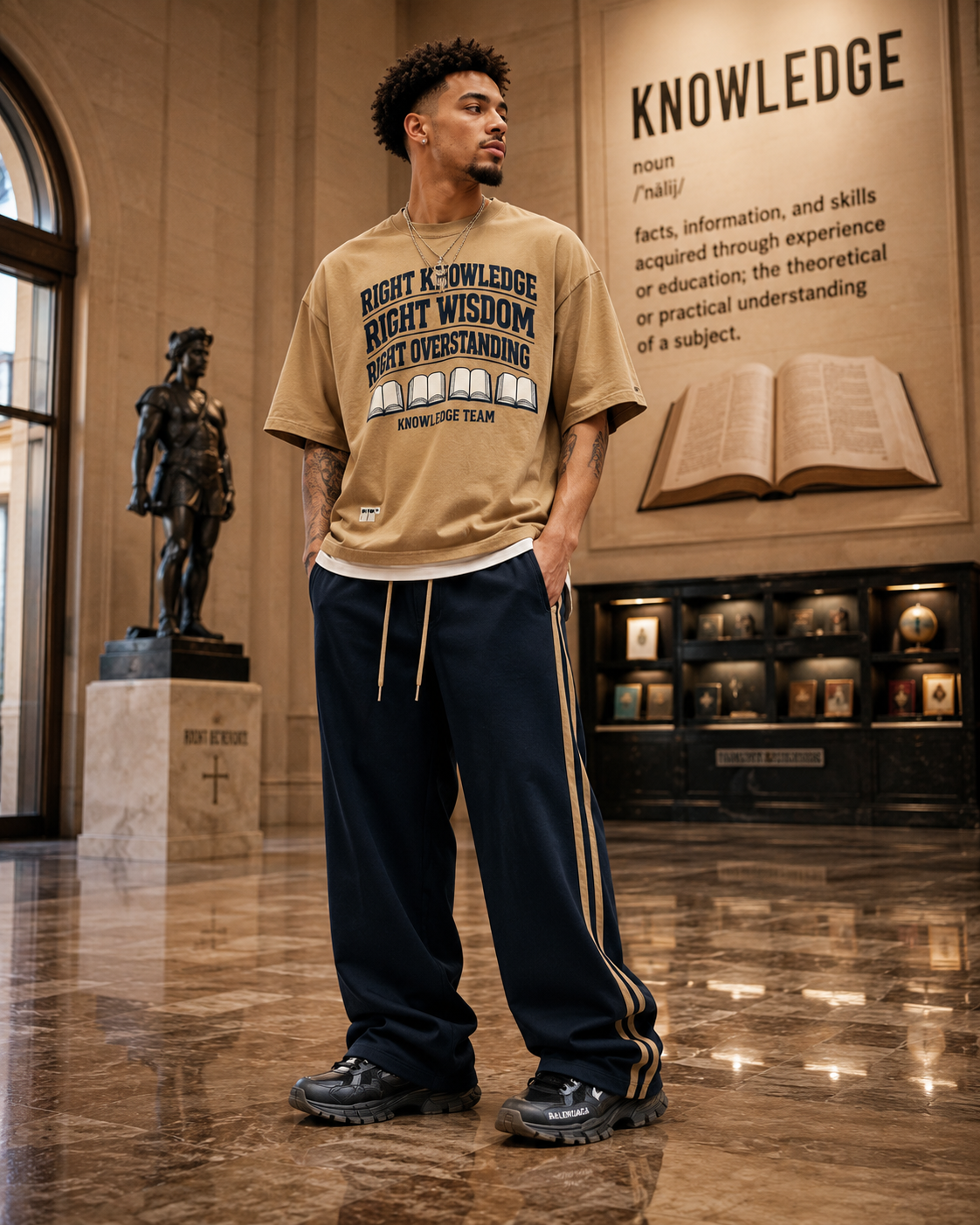 Model wearing the Right Knowledge tee in an editorial setting